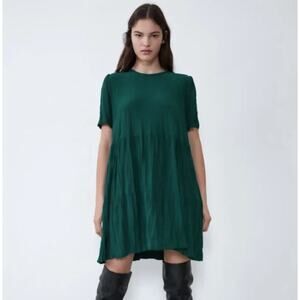 NEW Zara Wrinkle Look Short Sleeve Tiered Babydoll Dress in Green